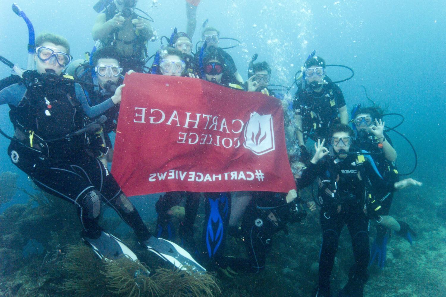 学生们手持<a href='http://sewa.ngskmc-eis.net'>bv伟德ios下载</a>旗帜，在j学期洪都拉斯游学之旅中潜水.